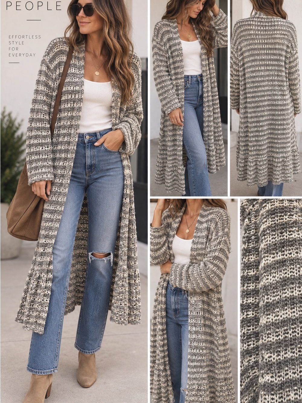 Free People Long Open-Front Gray Cream Striped Knit Cardigan
